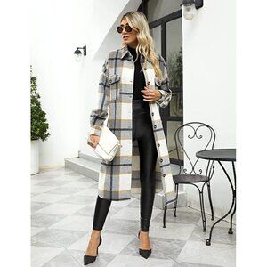 𝅺CASUAL Grey Plaid Button Down Long Puff Sleeve Trench Coat Jacket Shacket Wool
